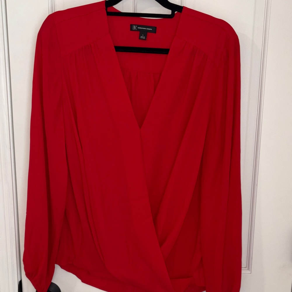 INC International Concepts Red Draped V-Neck Blouse
